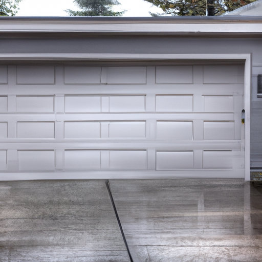 Modern insulated garage door on a Sammamish, WA home with visible tracks and weather seal in wet, overcast conditions.