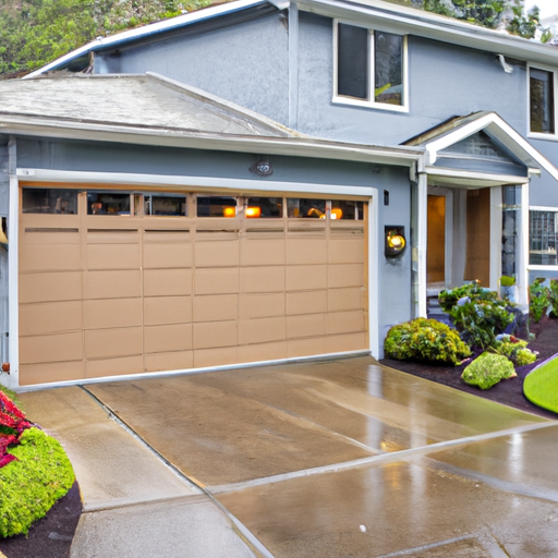 Exterior view of a residential garage door in Sammamish, WA on an overcast day with wet driveway and native landscaping.