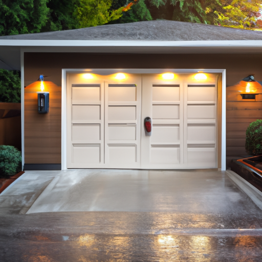 Residential garage door with smart keypad in a Sammamish neighborhood at late afternoon; wet pavement and evergreens visible.