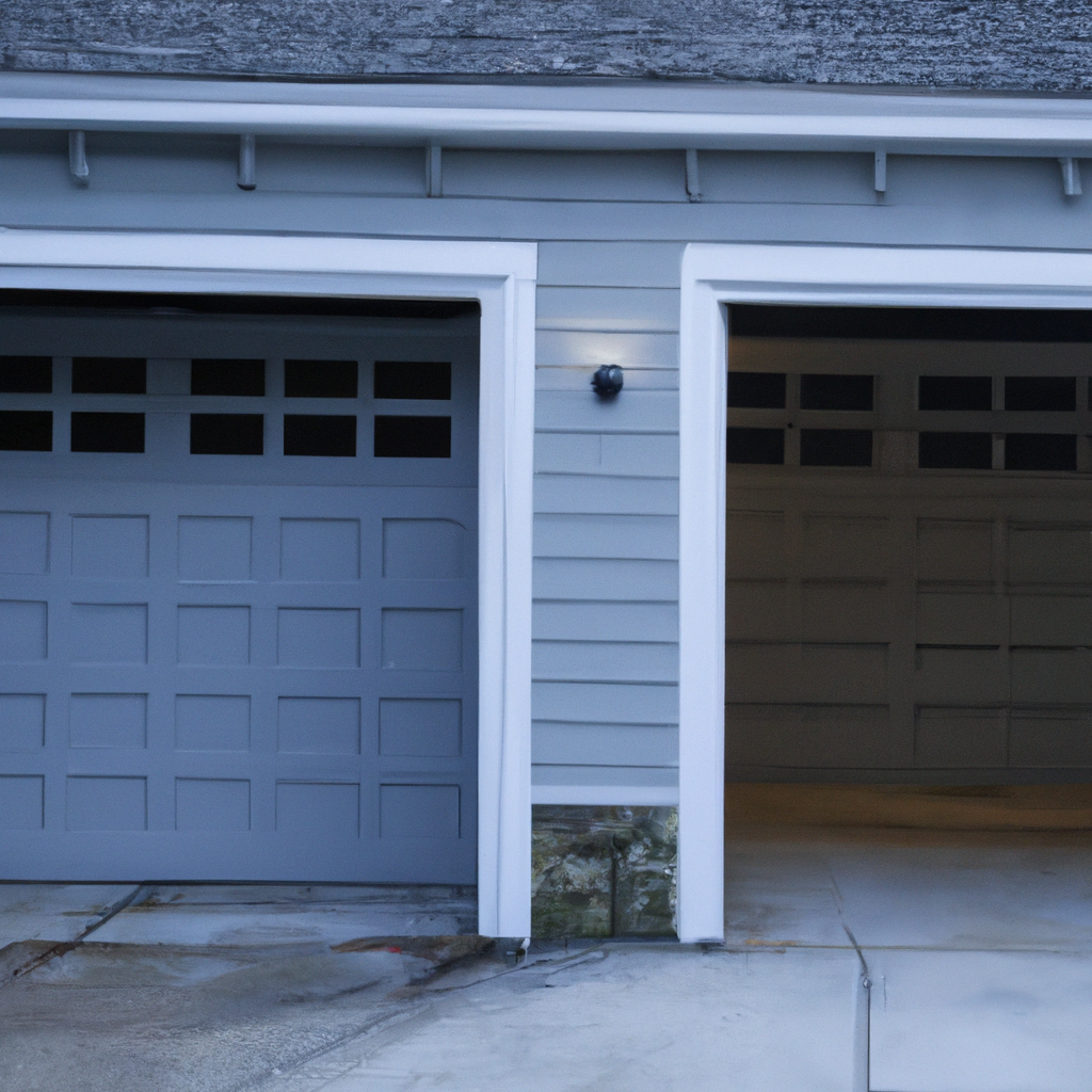 Two garage doors side by side in a suburban Sudbury setting, one insulated and modern, the other non-insulated and plain