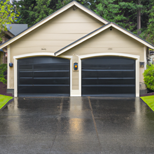 Suburban Sammamish driveway with a closed two-car garage door, overcast sky and wet pavement.