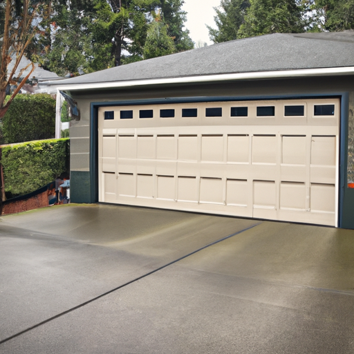 Modern suburban garage door partially open in Sammamish, WA with visible tracks and damp driveway, evergreen background.