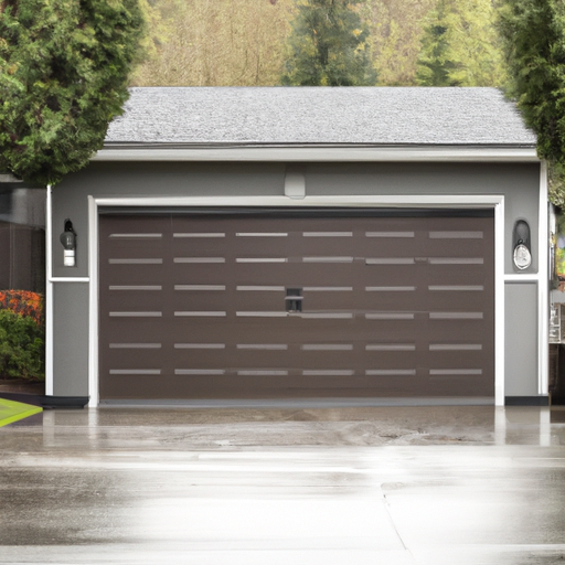 Modern closed garage door on a suburban Sammamish street with wet pavement and evergreen backdrop.