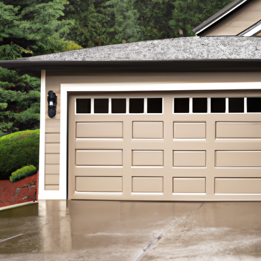 Insulated sectional garage door on a Sammamish, WA home with wet driveway and evergreen backdrop.