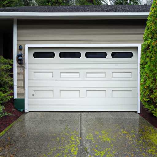 Residential garage door in Sammamish, WA with visible weatherstripping and a threshold on an overcast day