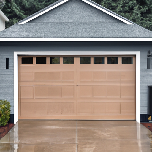 Modern insulated garage door with visible weather seal and wet driveway in a Sammamish, WA neighborhood under an overcast sky.