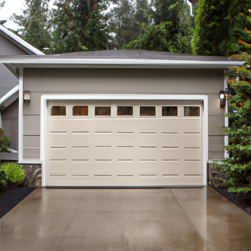 Modern insulated garage door on a Sammamish, WA home with wet driveway and evergreen background.