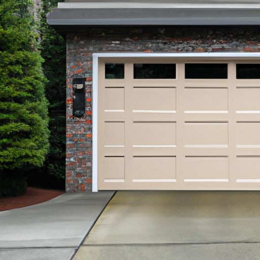 Modern residential garage door in a Sammamish neighborhood on an overcast day, driveway and trees visible