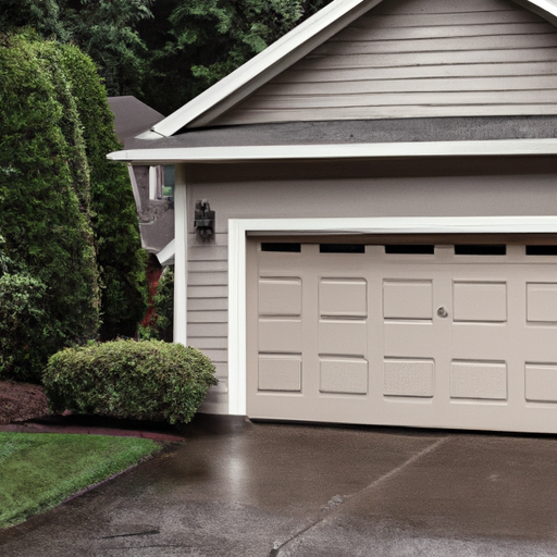 Closed modern sectional garage door on a damp Sammamish, WA residential street with evergreen landscaping.
