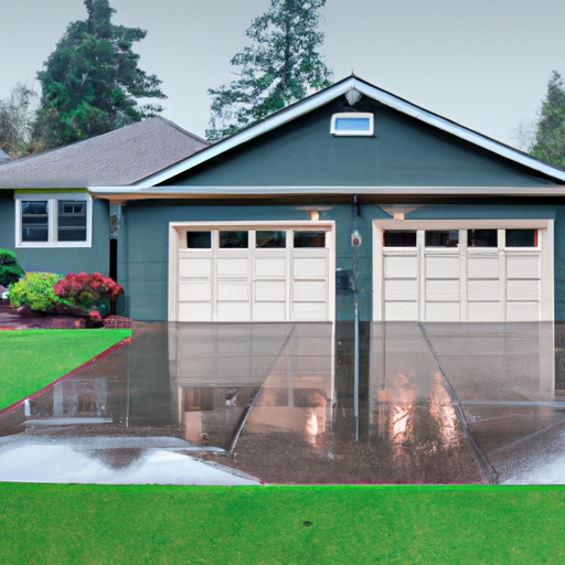 Suburban Sammamish home with a modern insulated garage door on a damp morning, no people.