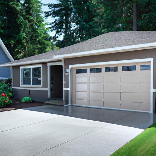 Suburban Sammamish garage with a modern sectional door, cedar siding, and wet evergreen landscaping on a clean driveway.