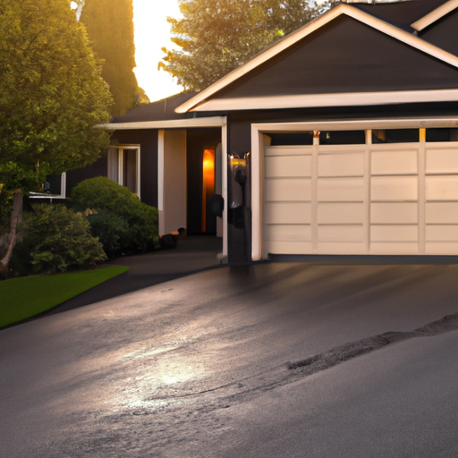 Suburban Sammamish home exterior showing a modern garage door, driveway, and PNW greenery at golden hour.