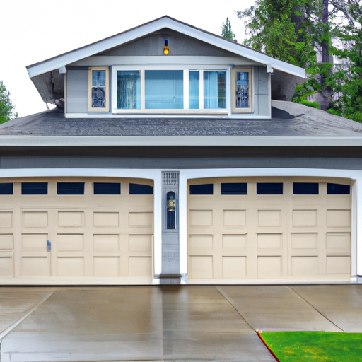 Suburban Sammamish home with a modern insulated garage door, evergreen landscaping and damp driveway visible.