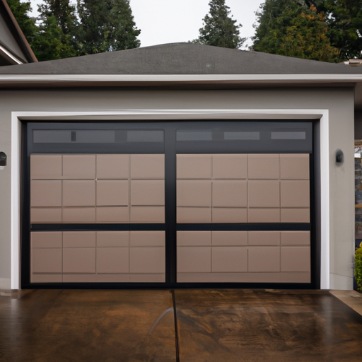 Insulated garage door on a Sammamish, WA home showing weatherstripping and sealed jambs on a wet overcast day.