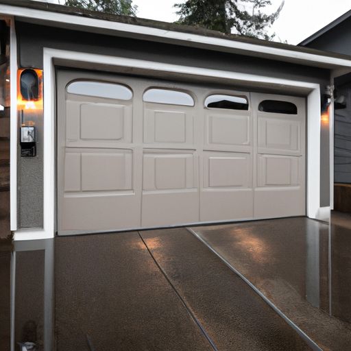 Suburban Sammamish garage door with visible smart keypad and exterior sensor on an overcast morning.