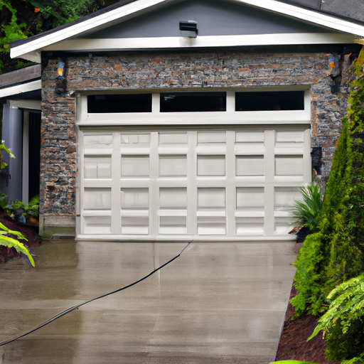 Residential garage in Sammamish, WA with a modern sectional garage door, wet driveway, and native landscaping.