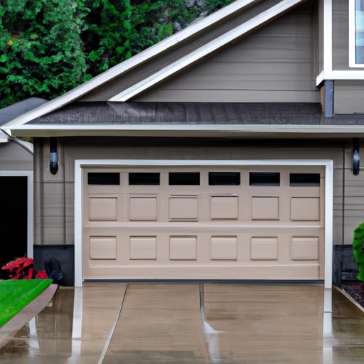 Closed residential garage door with visible weatherstripping and tracks in a wet Sammamish, WA driveway, Pacific Northwest landscaping.