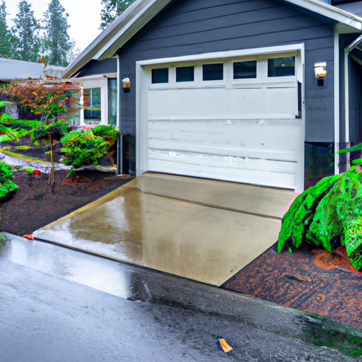 Suburban Sammamish home with a modern sectional garage door, wet driveway, and Pacific Northwest landscaping.
