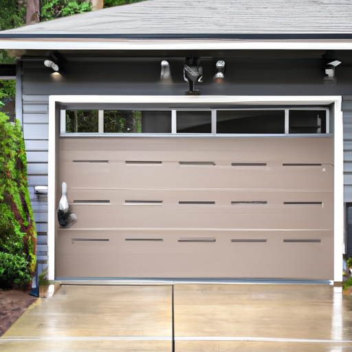 Modern garage door and opener visible on a wet, overcast Sammamish residential driveway with evergreen landscaping.