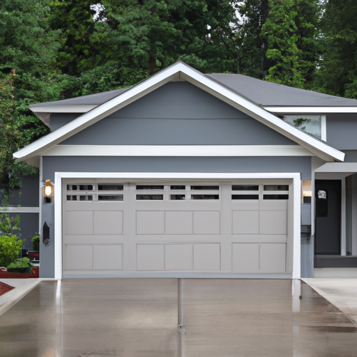 Modern suburban garage door slightly ajar on a single-family home in Sammamish, WA with evergreen backdrop, overcast daylight
