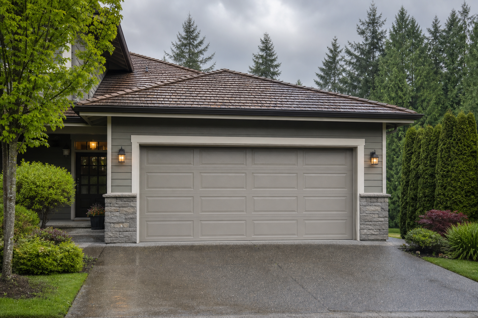Residential garage door exterior in Sammamish on a cloudy Pacific Northwest day