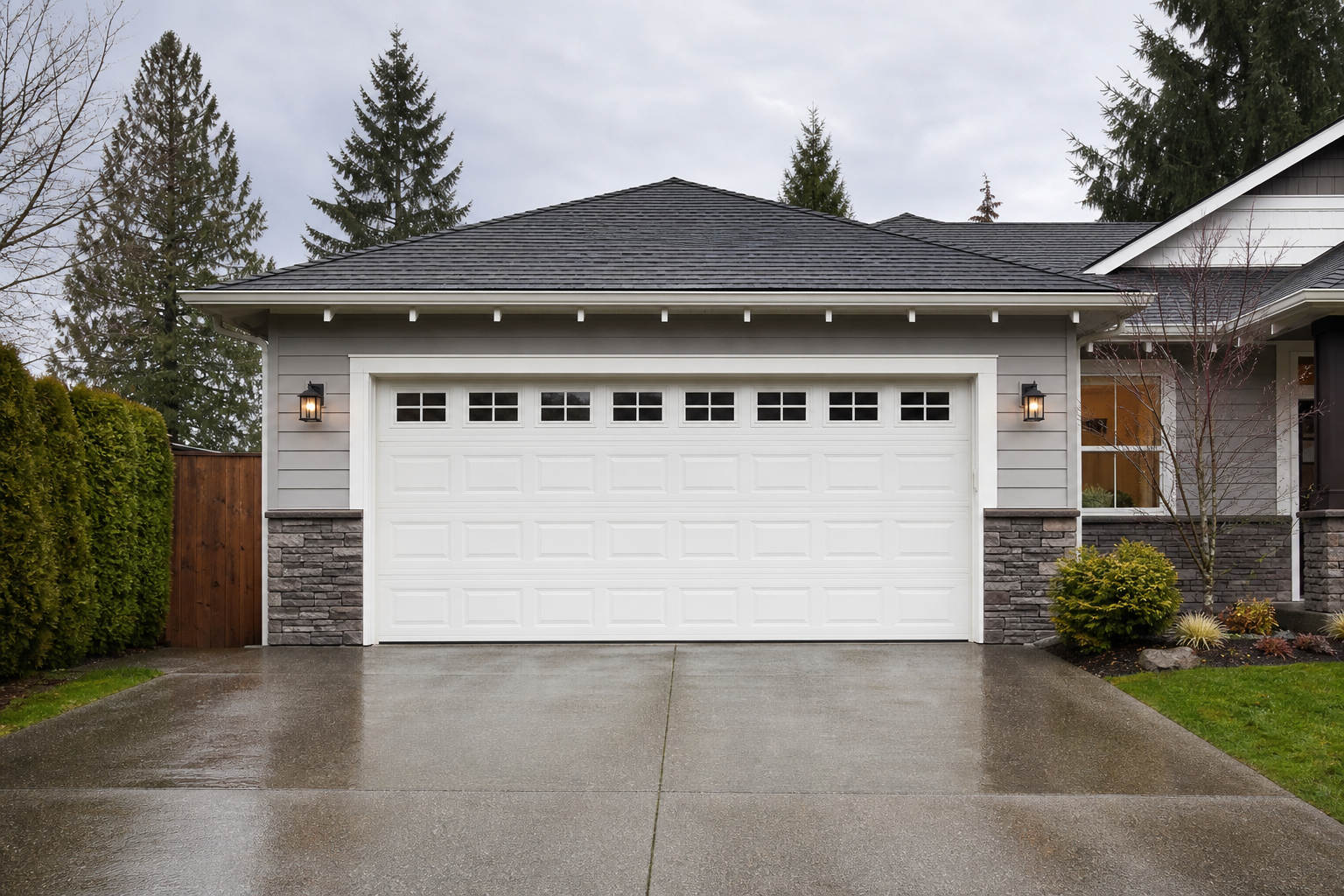 Suburban garage door exterior in Sammamish, WA on a mild overcast day